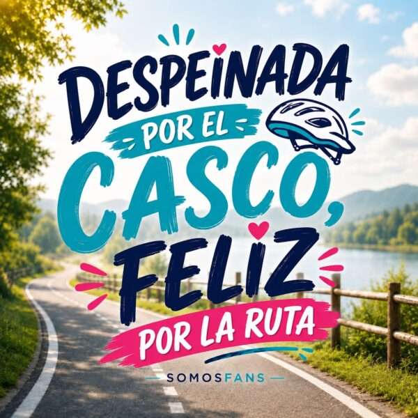 Despeinada por el casco feliz por la ruta